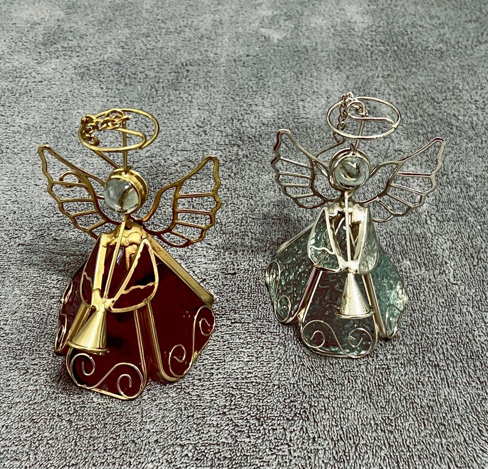 Vintage Stained Glass Angel Figurine Christmas Ornaments Red and Blue Lot of 2